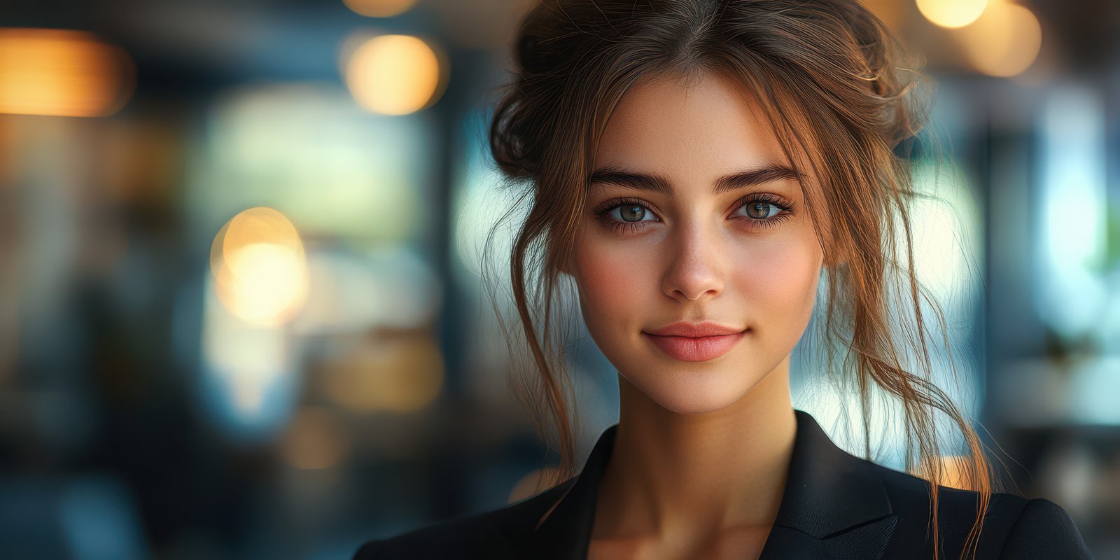 Young woman with captivating smile poses confidently in a modern cafe setting during the afternoon